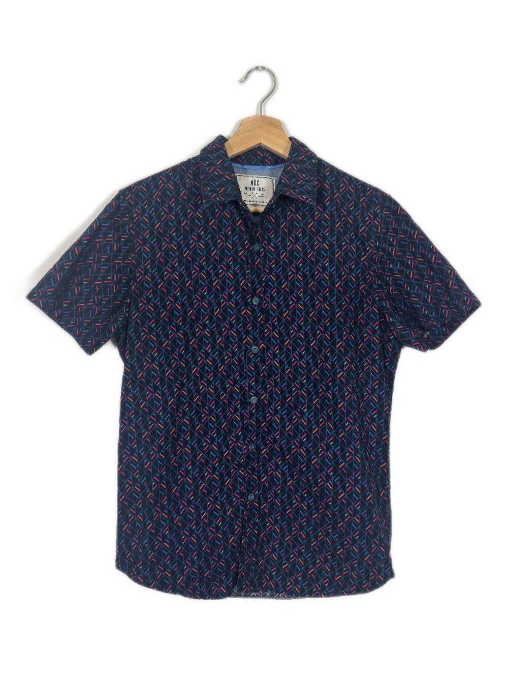 MBX Women's Retro Print Shirt Geometric Size S Navy Multicolor Casual Eclectic